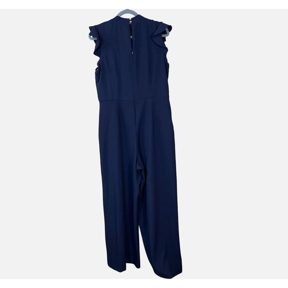 Julia Jordan Navy High Neck Flutter Sleeve Wide Leg Crepe Jumpsuit 14 NWT - Picture 3 of 9